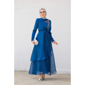 Tesettür Çarşım Taş Detaylı Organze Abiye Elbise-Gecemavisi