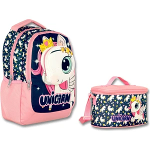 Ümit Çanta Cennec 3D Unicorn Ilkokul Sırt Çantası ve Beslenme Çantası Seti - Kız Çocuk - Lacivert-Pembe