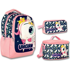 Ümit Çanta Cennec 3D Unicorn Lacivert-Pembe Kız Çocuk Üçlü Ilkokul Çanta Seti
