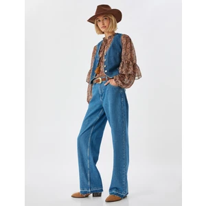 Düz Uzun Paça Kot Pantolon Çift Bel Detaylı Normal Bel - Straight Jean