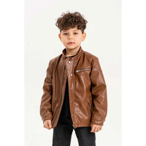 Gold Class Kidswear Çıtçıt Süslemeli Fermuarlı Astarlı Erkek Çocuk Deri Ceket
