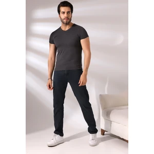 Pis Dikim V Yaka Penye Kompakt Likralı Basic Kısa Kol T-Shirt 19955 Koyu Antrasitmelanj