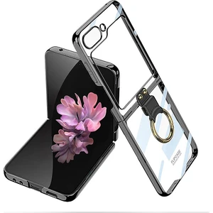 Samsung Galaxy Z Flip 6 Uyumlu Yüzüklü Kılıf Premium Şeffaf Kapak Kamera Korumalı Metalik Kenarlı