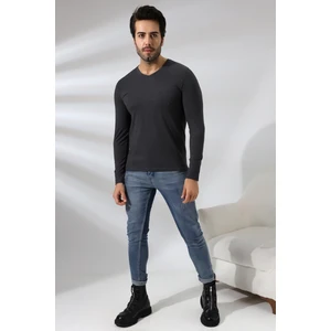 Compact Penye Likralı Slim Fit Uzun Kol V Yaka T-Shirt 19648 Koyu Antrasitmelanj