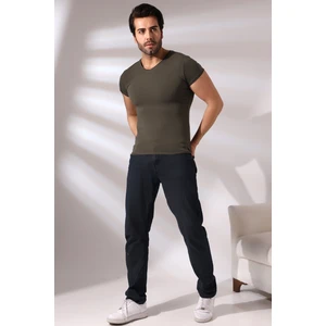 Pis Dikim V Yaka Penye Kompakt Likralı Basic Kısa Kol T-Shirt 19955 Haki