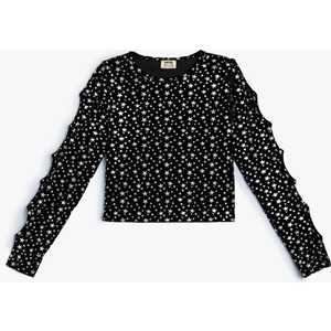 Crop Bluz Uzun Kollu Pencere Detaylı Yuvarlak Yaka