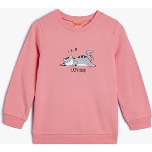 Sweatshirt Kedi Baskılı Bisiklet Yaka Pamuklu Şardonlu
