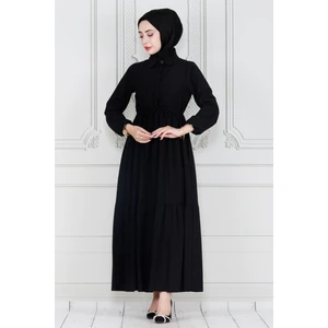 Gömlek Yaka Beli Tünelli Sare Elbise-Siyah