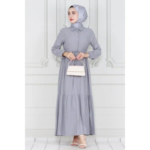Gömlek Yaka Beli Tünelli Sare Elbise-Gri