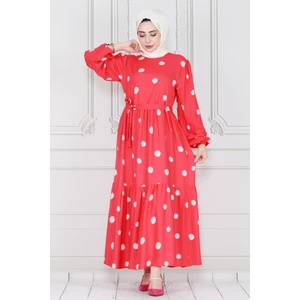 Puantiyeli Prenses Model Elbise-Fuşya