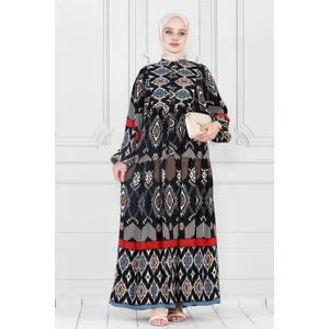 Yarım Düğmeli Robalı Ikat Desen Elbise-Siyah