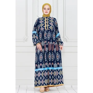 Yarım Düğmeli Robalı Ikat Desen Elbise-Lacivert
