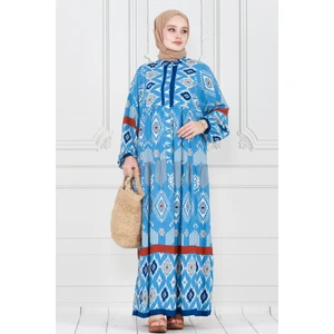 Yarım Düğmeli Robalı Ikat Desen Elbise-Mavi