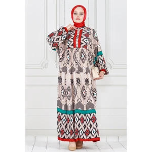 Yarım Düğmeli Robalı Ikat Desen Elbise-Bej