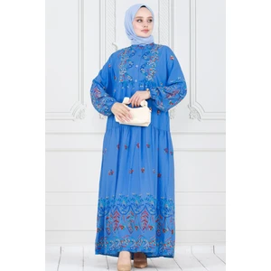 Nakış Desenli Robalı Viscon Elbise-Indigo
