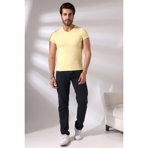 Pis Dikim V Yaka Penye Kompakt Likralı Basic Kısa Kol T-Shirt 19955 Açık Sarı