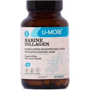U-MORE Hidrolize Balık Kolajen Takviyesi - Hyaluronik Asit, Biotin, C Vitamini, Glutatyon, Selenyum - Sağlıklı Saçlar, Cilt, Tırnaklar, Eklemler - 60 Tablet