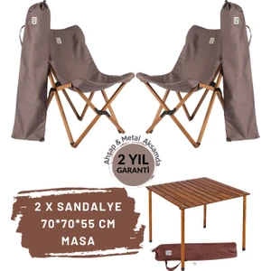 Bag The Joy Ahşap Katlanır Masa Sandalye Seti Kahverengi - Koyu Gri  Kılıf 70X70X55 Kahverengi Masa