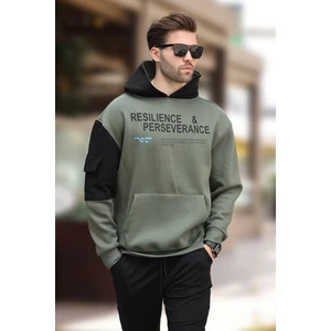 Haki Kapüşonlu Cep Detaylı Baskılı Erkek Sweatshirt 7058