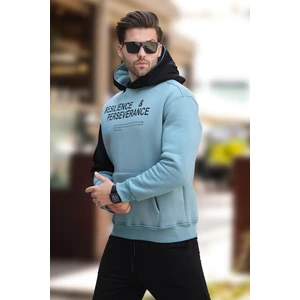 Mavi Kapüşonlu Cep Detaylı Baskılı Erkek Sweatshirt 7058