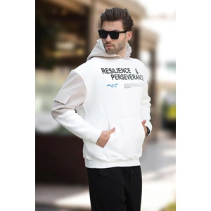 Ekru Kapüşonlu Cep Detaylı Baskılı Erkek Sweatshirt 7058