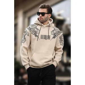 Bej Kapüşonlu Cep Detaylı Baskılı Erkek Sweatshirt 7052
