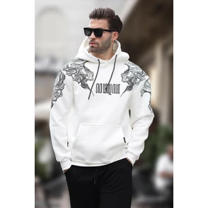 Ekru Kapüşonlu Cep Detaylı Baskılı Erkek Sweatshirt 7052