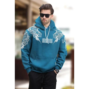 Petrol Mavisi Kapüşonlu Cep Detaylı Baskılı Erkek Sweatshirt 7052