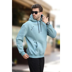 Mavi Kapüşonlu Cep Detaylı Nakışlı Erkek Sweatshirt 7054