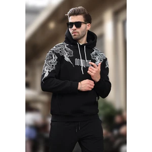 Siyah Kapüşonlu Cep Detaylı Baskılı Erkek Sweatshirt 7052