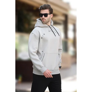 Boyalı Gri Kapüşonlu Cep Detaylı Nakışlı Erkek Sweatshirt 7054