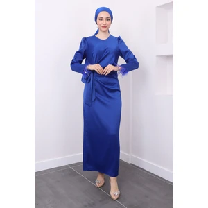 Saks Mavi Kolu Tüylü Yan Detaylı Saten Abiye