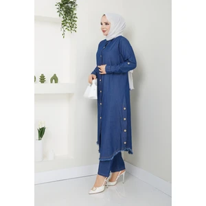 Pamuk Butik Kadın Ahşap Düğme Detaylı Pantolonlu Ikili Kot Takım