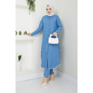 Pamuk Butik Kadın Ahşap Düğme Detaylı Pantolonlu Ikili Kot Takım