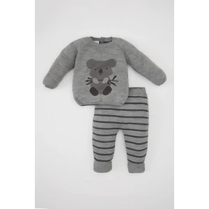Erkek Bebek 2'li Takım Koala Nakışlı Triko Kazak Çizgili Beli Lastikli Triko Alt C9590A524AU