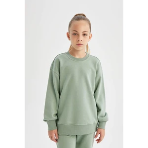 Kız Çocuk Açık Yeşil Relax Fit Bisiklet Yaka Pamuklu Basic Düz Okul Sweatshirt A2797A824AU