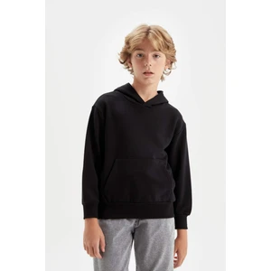 Erkek Çocuk Siyah Cepli Kapüşonlu Kalın Basic Düz Okul Sweatshirt C7564A824AU