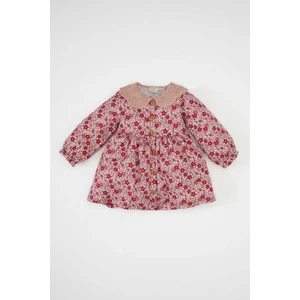 Kız Bebek Geniş Örgü Yaka Çiçek Desenli Düğmeli Uzun Kollu Twill Elbise D3073A524AU