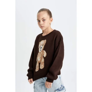 Kız Çocuk Oversize Geniş Kalıp Bisiklet Yaka Ayıcık Desenli Triko Kazak C6942A824AU
