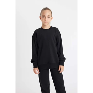 Kız Çocuk Siyah Relax Fit Bisiklet Yaka Pamuklu Basic Düz Okul Sweatshirt A2797A824AU