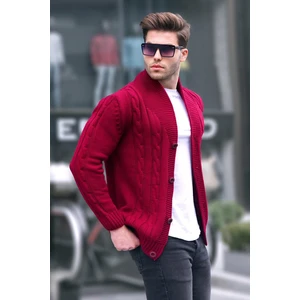 Bordo Renkli Erkek Hırka Örgü Detaylı %65 Pamuk %35 Polyester L Beden