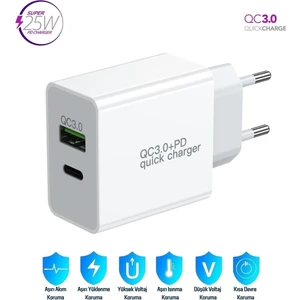Redmi Note 8 Pro Uyumlu 25W Ultra Hızlı Çoklu Şarj Cihazı Adaptör Qualcomm3.0 + PD - İthalatçı Garantili