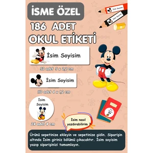 Burak Baskı Tasarım Mickey Mouse Okul Etiketi- Isme Özel Etiket / Kalem Defter Kitap Etiket Seti - 186 Adet- E007
