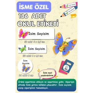 Burak Baskı Tasarım Kalem Defter Kitap Etiketi Isme Özel Yazılabilen Okul Etiket Seti - 186 Adet -Kelebekler /E018
