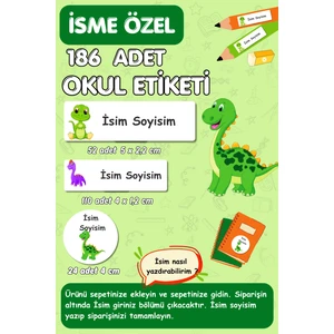 Burak Baskı Tasarım Isme Özel Yazılabilen Etiket Seti Kalem Defter Kitap - 186 Adet-Dinozor Temalı- E016- Okul Etiketi