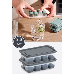 2’li Mini Silikon Tabanlı Kapaklı Bas Çıkar Buz Kalıbı, 8 Bölmeli Yapışmaz Buzluk 2 Adet Füme
