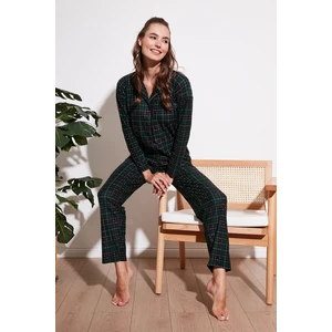 Desenli Beli Lastikli Gömlek Yaka Dokuma Pijama Takımı Bayan Pijama Takımı 6095660W4