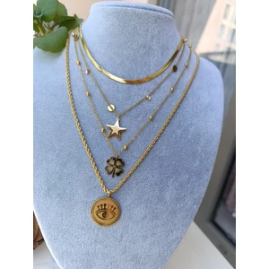 Çelik Kombin Kolye Set 4 Lü Göz Detaylı Yonca ve Yıldız Kolye