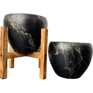 Bitki Tasarımı Ev Dekorasyon Siyah Üzeri Gold Mermer Efektli Toprak Saksı Saksılık Salon Çiçeklik İkili Set Ayaksız - 4 Ayaklı- 15 Cm