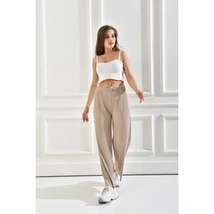 Kadın Ribana Kumaş Fitilli Pantolon Bej